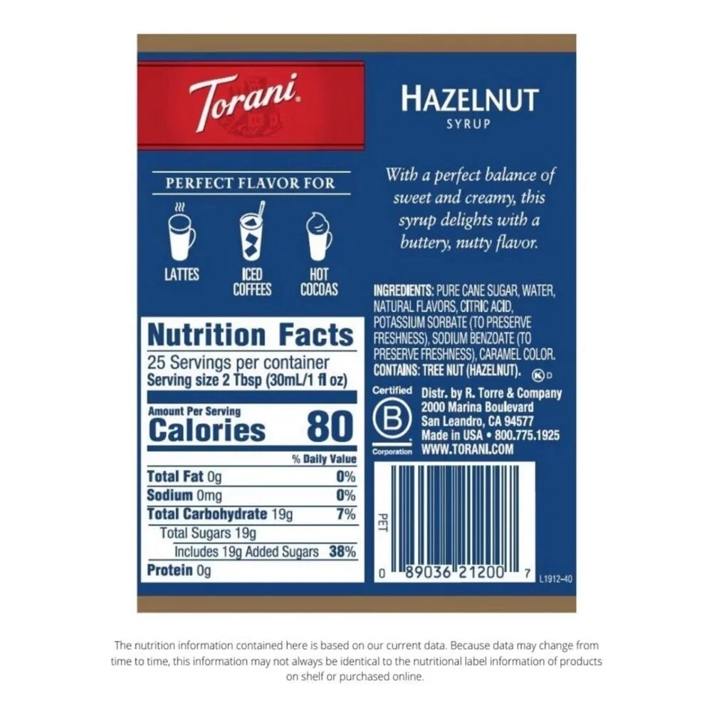 Torani Hazelnut Flavored Syrup Pack of 2